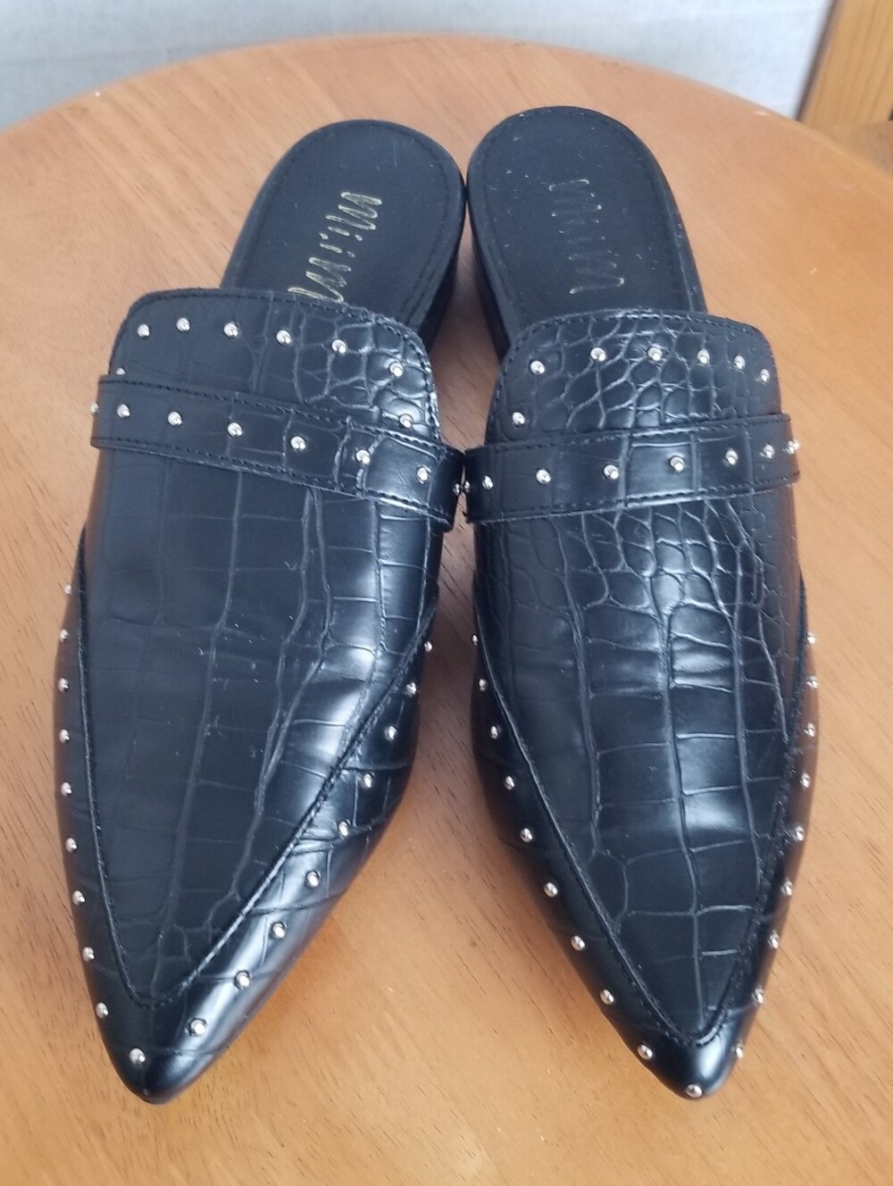 Mi.Im. Natasha Black Studded Mules Size 6 Slip On Croc Embossed Shoes
